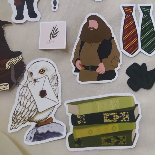 close up of wizard stickers showing detailed magical and dark academia elements